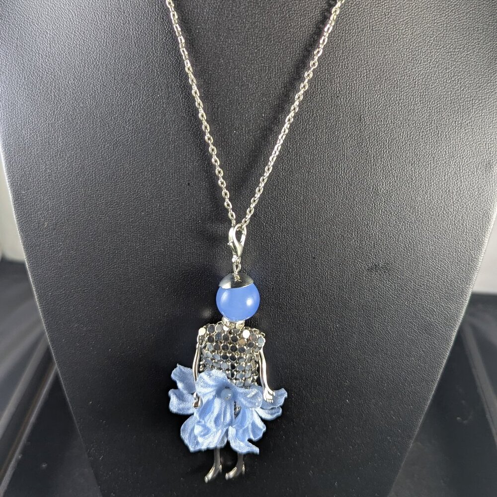 Silver Doll Pendant Necklace with Blue Beaded Head & Fabric Dress